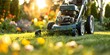 Close-up Shot of a Green Lawn Mower in Action on a Well-Kept Lawn. Concept Gardening Equipment, Landscaping, Lawn Care, Yard Maintenance, Outdoor Activities