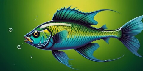 Wall Mural - A blue fish in water on a green background