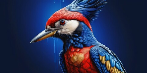   A vibrant bird with blue, red, and yellow feathers perched against a blue backdrop