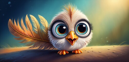   A bird with big eyes and feathers on its tail rests on a surface in a close-up photo