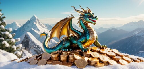 Wall Mural -   A dragon figurine atop a mound of gold coins, with coins beneath it