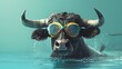 Whimsical Bull in Swimwear Floating in a Pool with Vibrant Blue Background and Professional Lighting