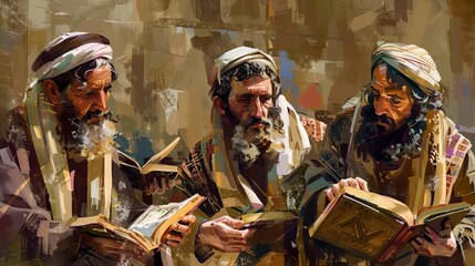 Wall Mural - Ancient Jewish Pharisees engaged in intense scriptural study, dedicated to religious law during Jesus Christ era, digital painting