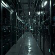 Modern Data Technology Center showcasing server racks and intricate electric equipment in a dimly lit room, emphasizing the concept of Internet of Things and data flow.