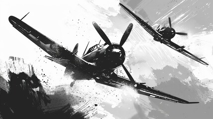 Black and white vintage World War 2 military airplanes illustration