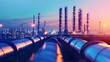 Close up industrial view of oil refinery plant pipeline, energy industry illustration