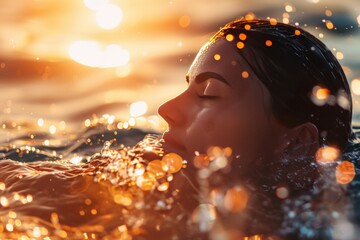 Wall Mural - girl immersed in water in the rays of a golden sunset. Copy space 