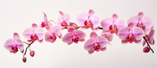 Wall Mural - A cluster of vibrant pink orchids stands out against a clean white background, showcasing the beauty of this flowering plant with delicate petals and bright magenta hues