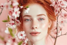 Picture Of Attractive Redhead Woman Model Symbolizing Spring With Blooming Flowers