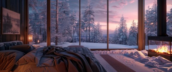 Wall Mural - A cozy bedroom with large windows overlooking the snowy landscape, a fireplace burning and soft lighting winter atmosphere