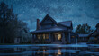 Quiet suburban night, a slate gray Craftsman style house stands serene under the starry sky, a peaceful end to a busy day, still and reflective