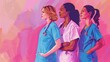Empowering multiracial female nurses, celebrating diversity, equity, and inclusion in healthcare for International Women's Day. Concept illustration, digital art