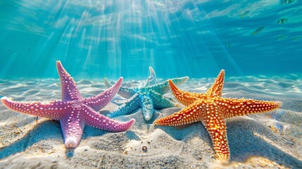 Wall Mural - Enchanting underwater scene with colorful starfish on sandy ocean floor, marine life photography