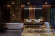 Night time modern style luxury black bathroom with glossy marble stone 3d render illustration