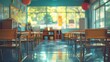 School classroom in blur background without young student. Blurry view of elementary class room no kid or teacher with chairs and tables in campus. Back to school concept ai Generated 