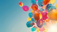 A Bunch Of Colorful Balloons Floating In The Sky. The Balloons Are Of Different Colors And Sizes, Creating A Vibrant And Lively Atmosphere. Concept Of Joy And Celebration