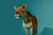 A majestic lioness stands against a teal background, showcasing her strong profile and intense gaze