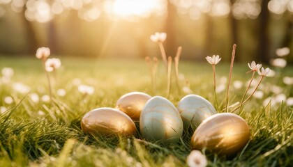 Wall Mural - a fresh green spring easter background with painted eggs on a green grass