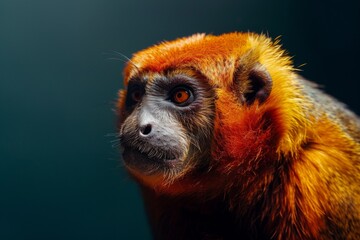 Close-up portrait of a golden monkey with vibrant orange fur, looking thoughtfully to the side against a dark background.