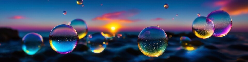 Wall Mural - Abstract colorful illustration transparent soap bubbles flying on sea sunset background. Background for banner, poster, website header, space for text.