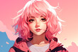 Cartoon anime girl portrait. Cute comic female character with pink hair in manga style isolated on pastel background. Flat modern illustration