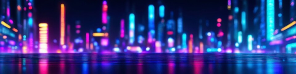 Wall Mural - Abstract colorful cyberpunk modern city illustration on dark blurred background for social media banner, website and for your design, space for text.	