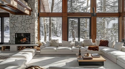 Poster - Cozy winter living room with large windows, a white sofa and coffee table in front of the fireplace which is made from stone