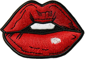 embroidered patch of red lips in pop art style cut out on transparent background