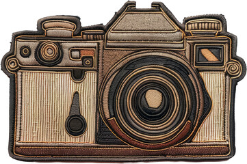 vintage camera embroidered patch with detailed design cut out on transparent background