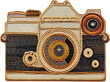 Vintage camera embroidered patch with detailed design cut out on transparent background