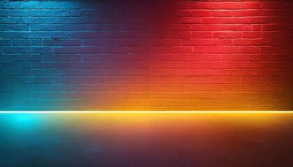 Wall Mural - neon light on brick walls that are not plastered background and texture lighting effect red and blue neon background