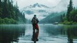A lone fisherman stands in the calm waters of a mountain lake, surrounded by forest and fog-shrouded peaks, in a tranquil rain.