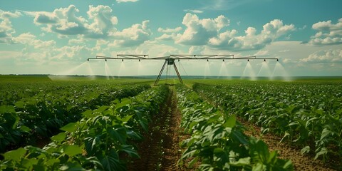 Wall Mural - A Bright Day on a Spacious Soybean Farm with Central Pivot Irrigation in Operation. Concept Agriculture, Farming Technology, Irrigation Systems, Soybean Cultivation, Rural Landscapes