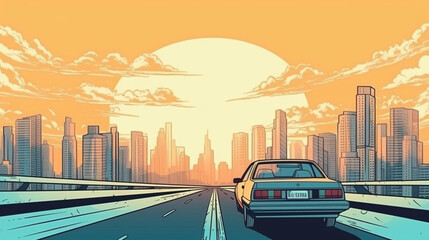 Wall Mural - copy space, Summer vibes 80s style illustration, car driving, skyscrapers in background, comic style. Nostalic 80’s poster. 80’s background for poster. Nostalic adventure mockup. Print for T-shirt.