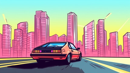 Wall Mural - copy space, Summer vibes 80s style illustration, car driving, skyscrapers in background, comic style. Nostalic 80’s poster. 80’s background for poster. Nostalic adventure mockup. Print for T-shirt.