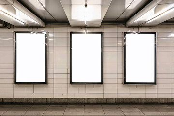 three big vertical poster on metro station. Blank billbord mock up on the wall in subway station. Advertising concept