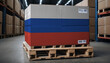 Cardboard boxes and a pallet with the Russia flag, symbolizing export-import business