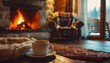 A cup of coffee sits on the table in front of an open fireplace, with warm blankets and furniture nearby