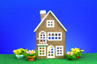 Brown house surrounded by flowers on a blue background