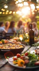 with happy joyful people on background backyard dinner table have a tasty grilled BBQ meat salads and wine