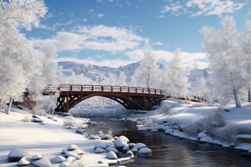  Winter bridge over a frozen river with snow-covered trees and hills.