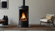 Fashionable modern freestanding fireplace with open fire in the room.