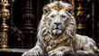 A regal white lion sits reverently. He wears a golden necklace studded with jewels and also wears a luxurious royal crown
