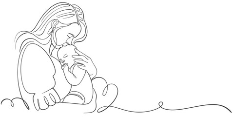 Poster - Mother and baby line art. Mom hugs child. Motherhood and newborn concept. Happy mother line vector illustration. Parent loving kid, happy mother day design for card