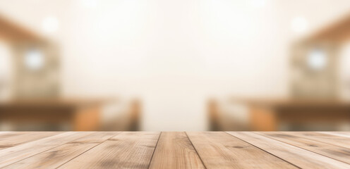 Wall Mural - The empty wooden table top with blur background of an office and city. Exuberant image. generative ai