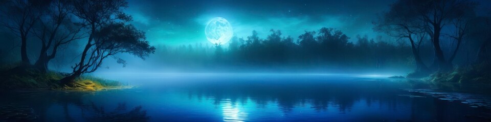 Wall Mural - Abstract colorful colorful blurred illustration of blue summer night on river, background for social media banner, website and for your design, space for text.	