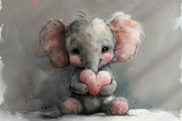 Wall Mural - An elephant with a heart on a white background in a cute cartoon style