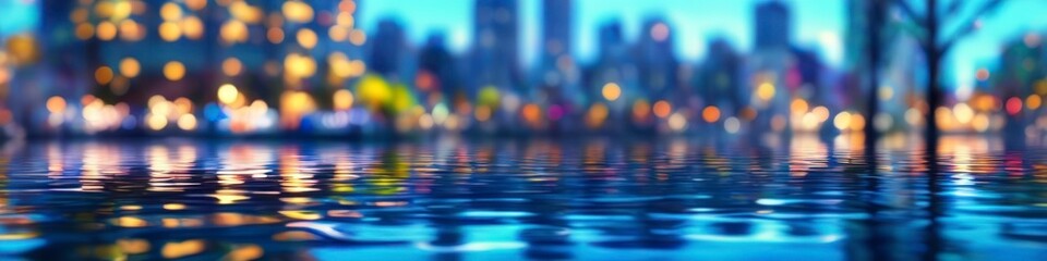Wall Mural - Abstract colorful illustration of spring in the city, reflection in water, blurred bokeh background for social media banner, web site and for your design, space for text.	