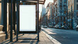 Bus station billboard with blank copy space screen for your advertising text message or promotional content, empty mock up Lightbox for information, stop shelter clear poster in urban city scene