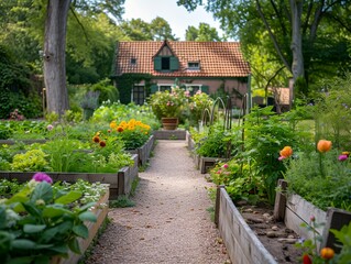 Wall Mural - Beautiful garden with flowers and sunshine.